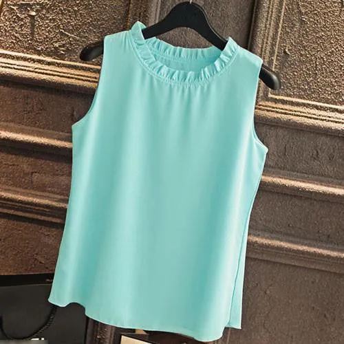 Shirt Women Chiffon Tops White Sleeveless Blouses For Women Clothes Ruffle Elegant Vintage Feminine Shirts T098