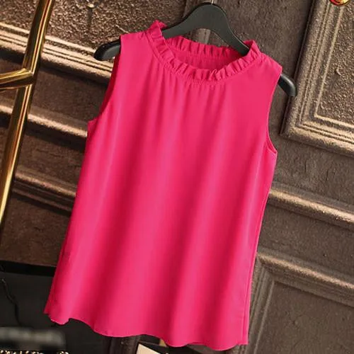 Shirt Women Chiffon Tops White Sleeveless Blouses For Women Clothes Ruffle Elegant Vintage Feminine Shirts T098