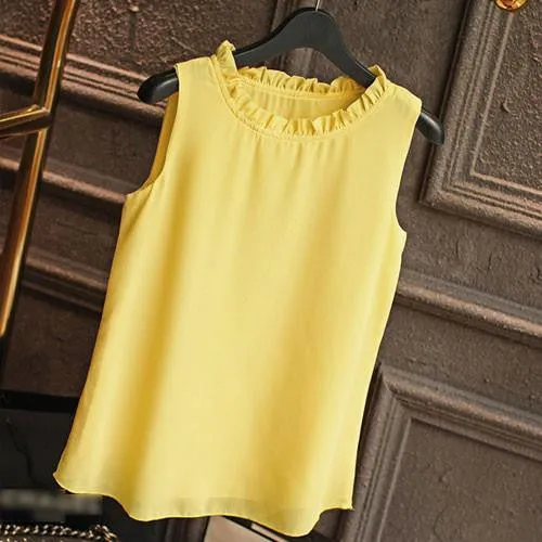 Shirt Women Chiffon Tops White Sleeveless Blouses For Women Clothes Ruffle Elegant Vintage Feminine Shirts T098