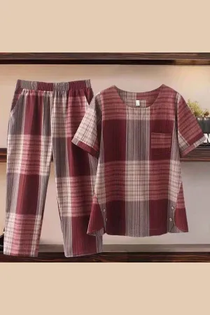 Short Sleeve Plaid Printing Pant Suits