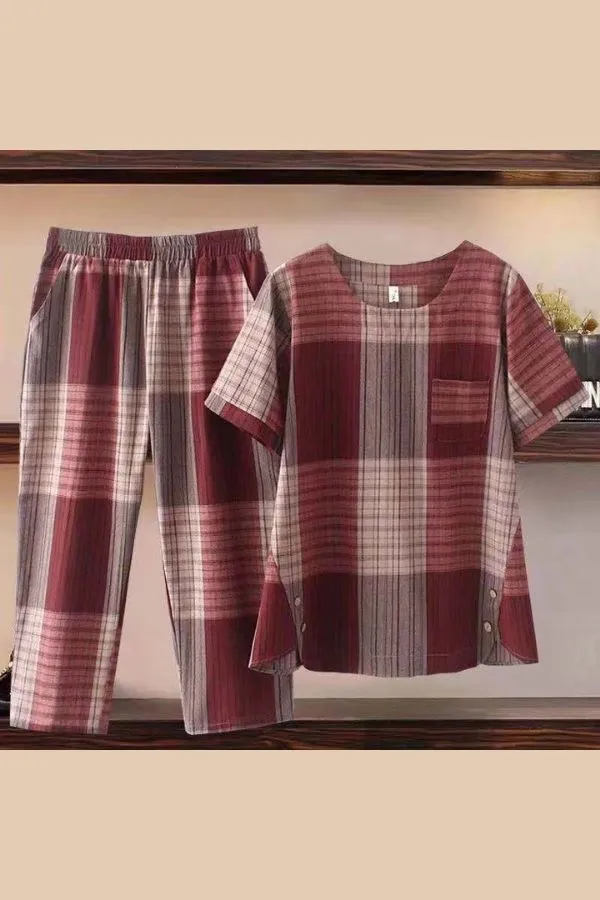Short Sleeve Plaid Printing Pant Suits