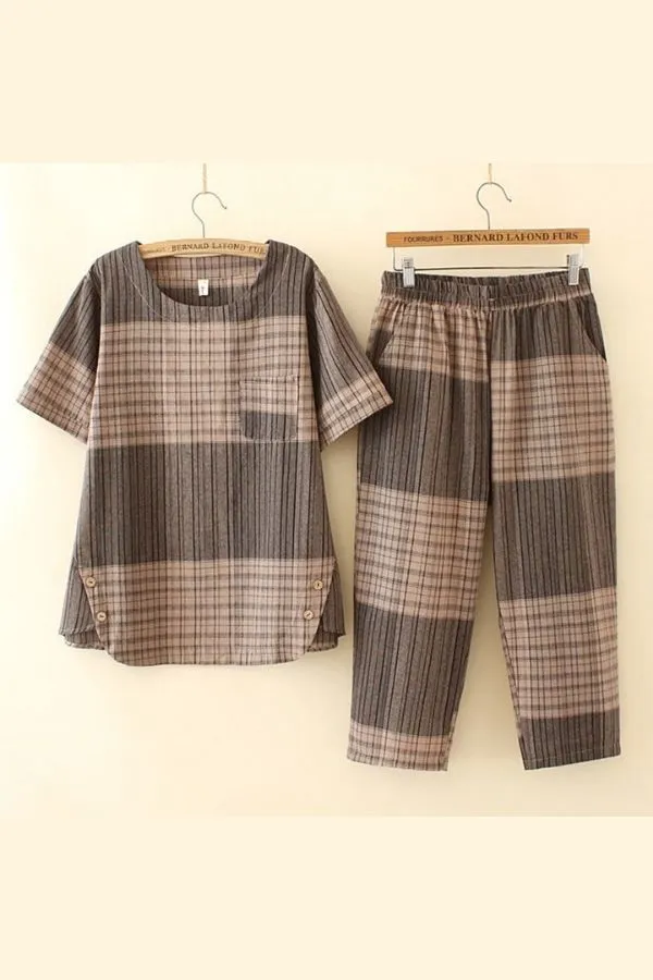 Short Sleeve Plaid Printing Pant Suits