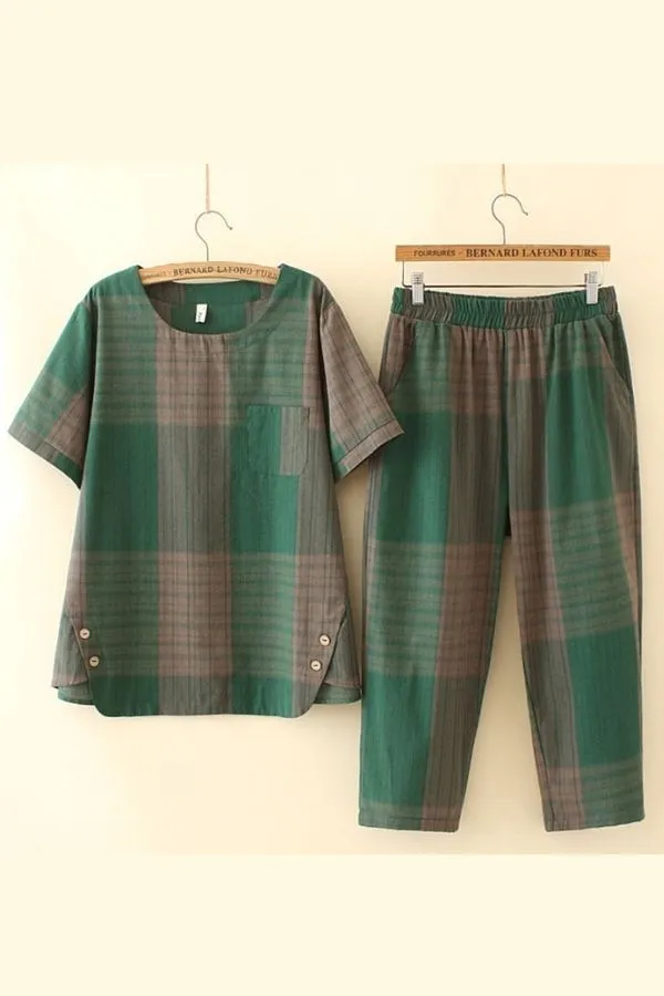 Short Sleeve Plaid Printing Pant Suits