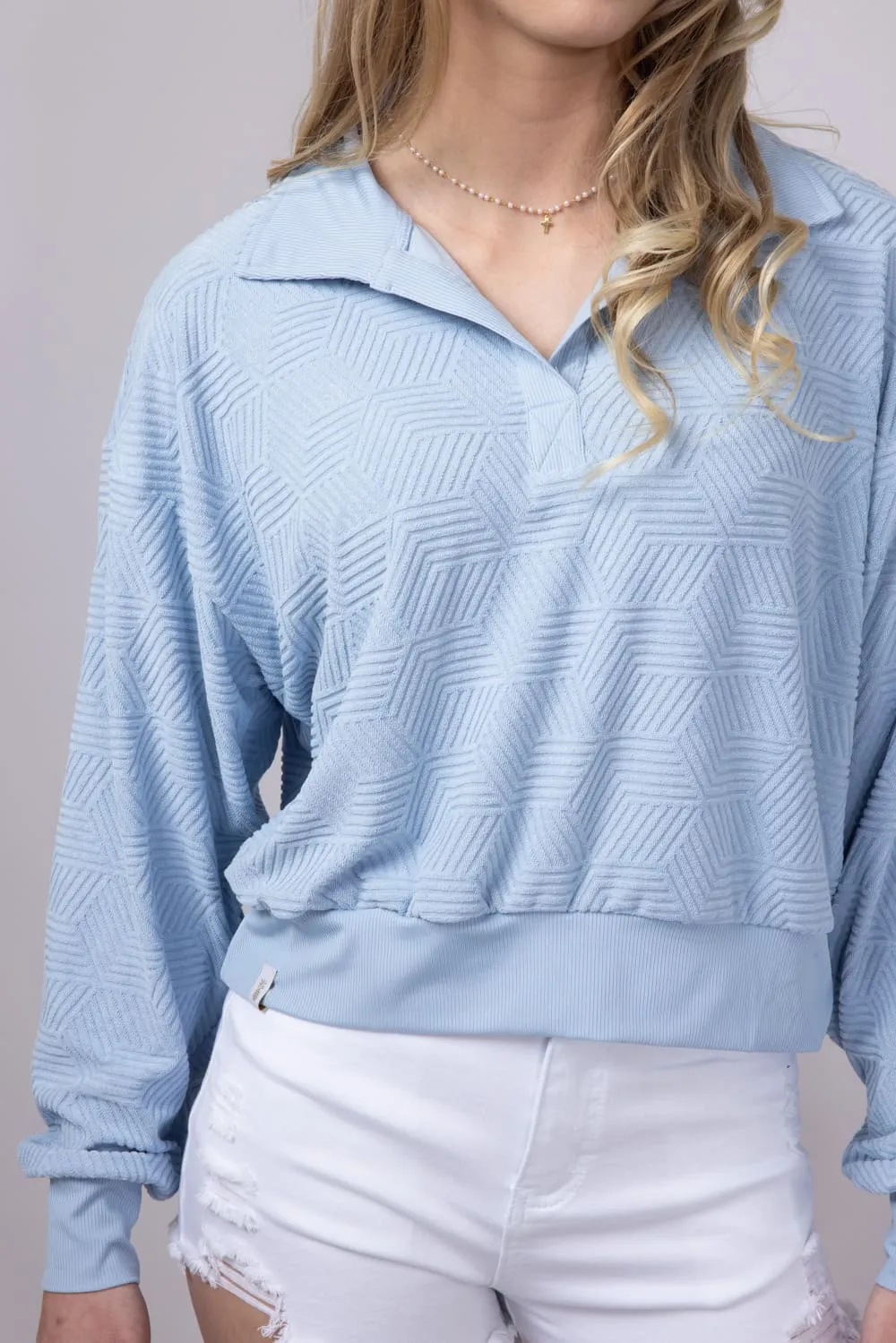 Simply Southern Geo Pattern Johnny Collar Pullover Top for Women in Ice Blue | PP-0125-PULL-TRY-ICE