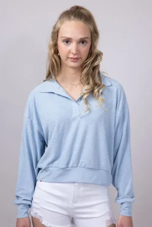 Simply Southern Geo Pattern Johnny Collar Pullover Top for Women in Ice Blue | PP-0125-PULL-TRY-ICE