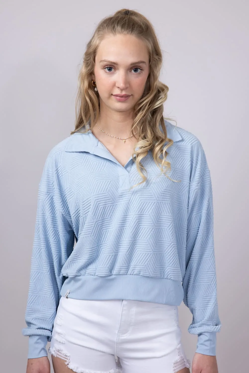 Simply Southern Geo Pattern Johnny Collar Pullover Top for Women in Ice Blue | PP-0125-PULL-TRY-ICE