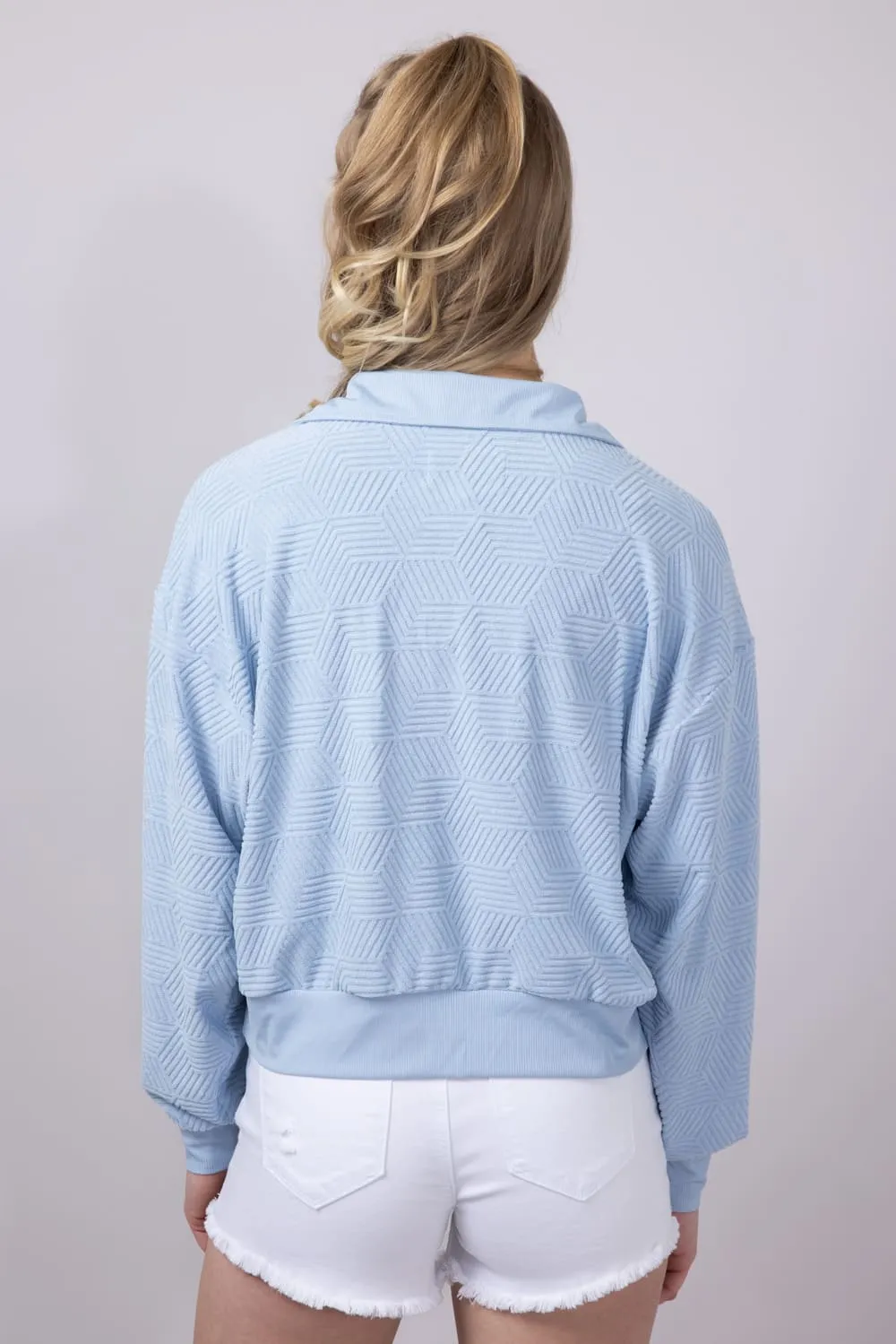 Simply Southern Geo Pattern Johnny Collar Pullover Top for Women in Ice Blue | PP-0125-PULL-TRY-ICE