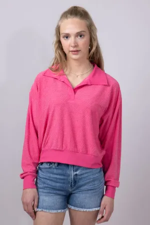Simply Southern Geo Pattern Johnny Collar Pullover Top for Women in Pink | PP-0125-PULL-TRY-HTPNK