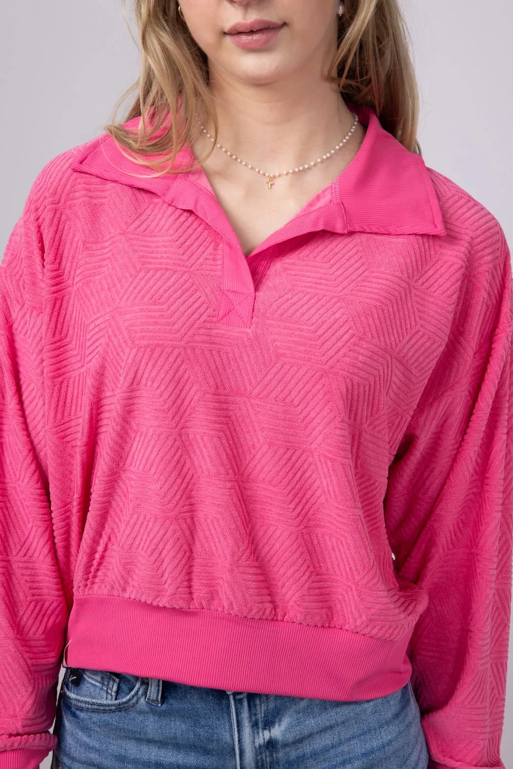 Simply Southern Geo Pattern Johnny Collar Pullover Top for Women in Pink | PP-0125-PULL-TRY-HTPNK