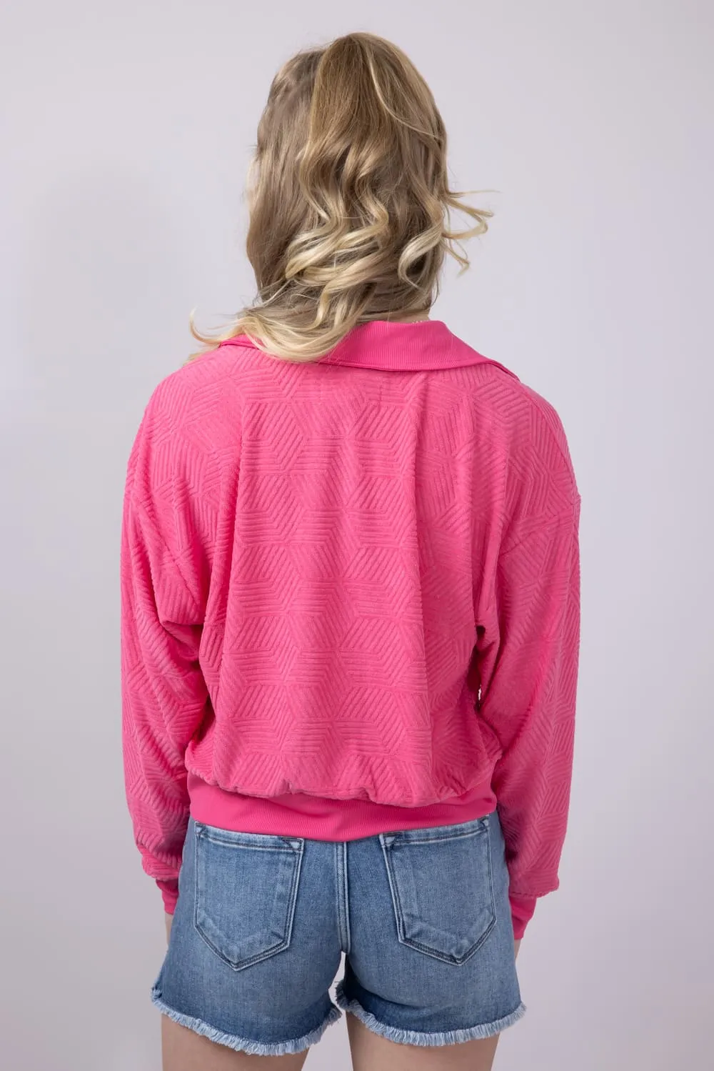 Simply Southern Geo Pattern Johnny Collar Pullover Top for Women in Pink | PP-0125-PULL-TRY-HTPNK