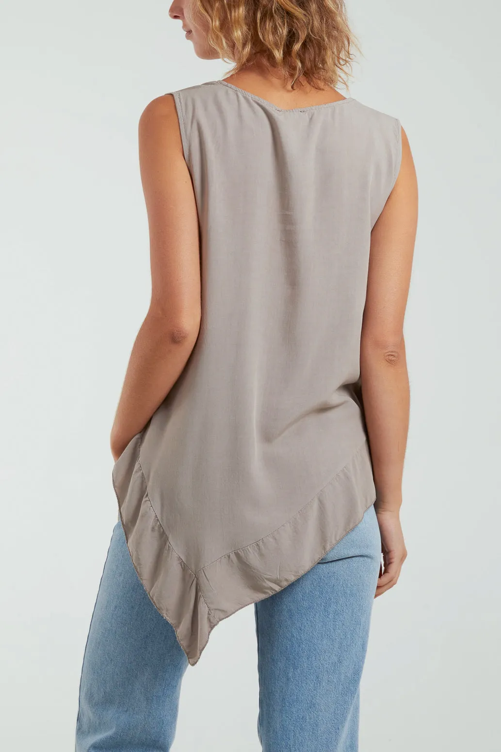 Sleeveless Asymmetric Frill Hem Necklace Top
