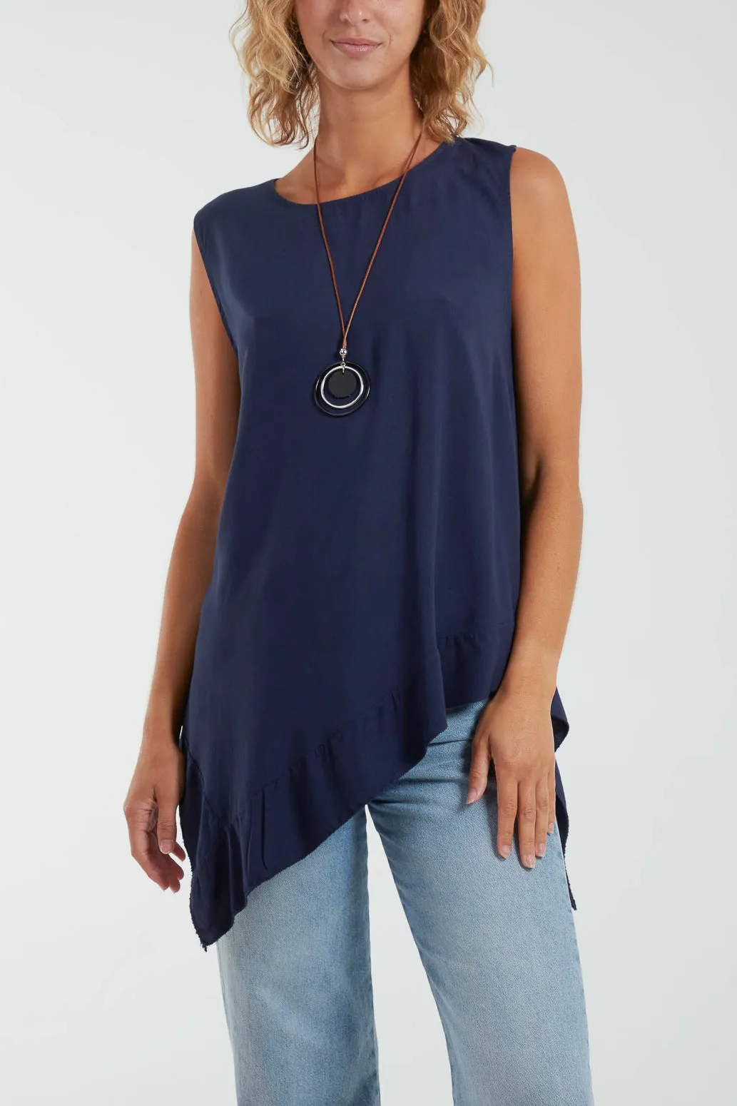 Sleeveless Asymmetric Frill Hem Necklace Top