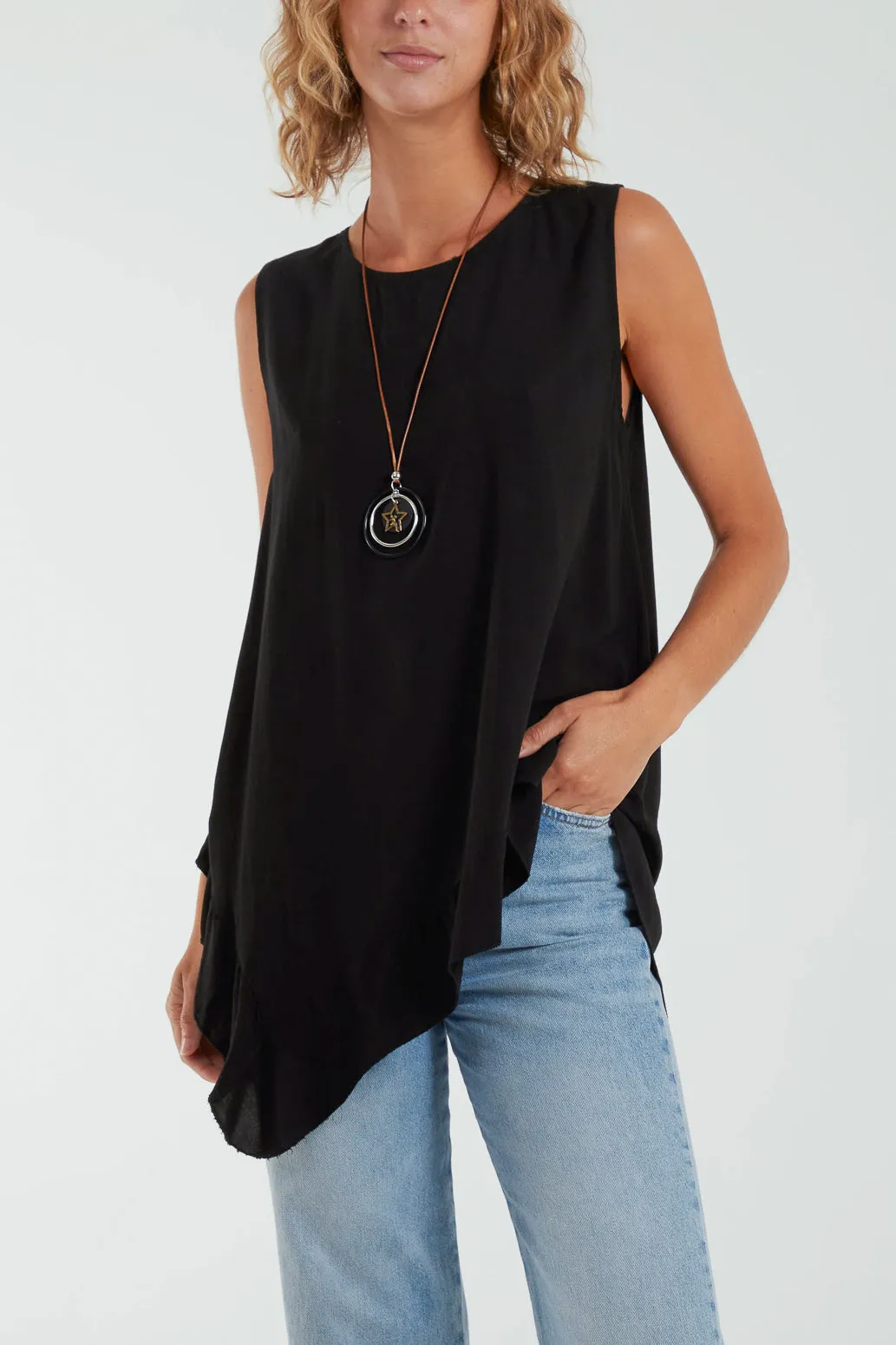 Sleeveless Asymmetric Frill Hem Necklace Top