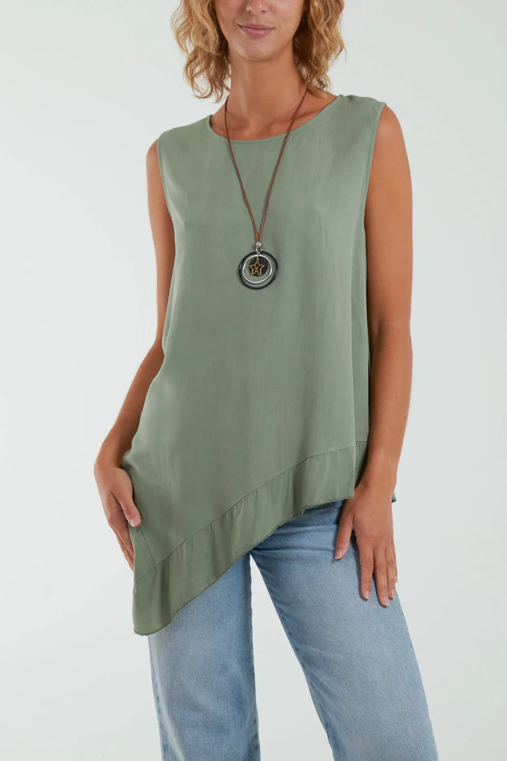 Sleeveless Asymmetric Frill Hem Necklace Top