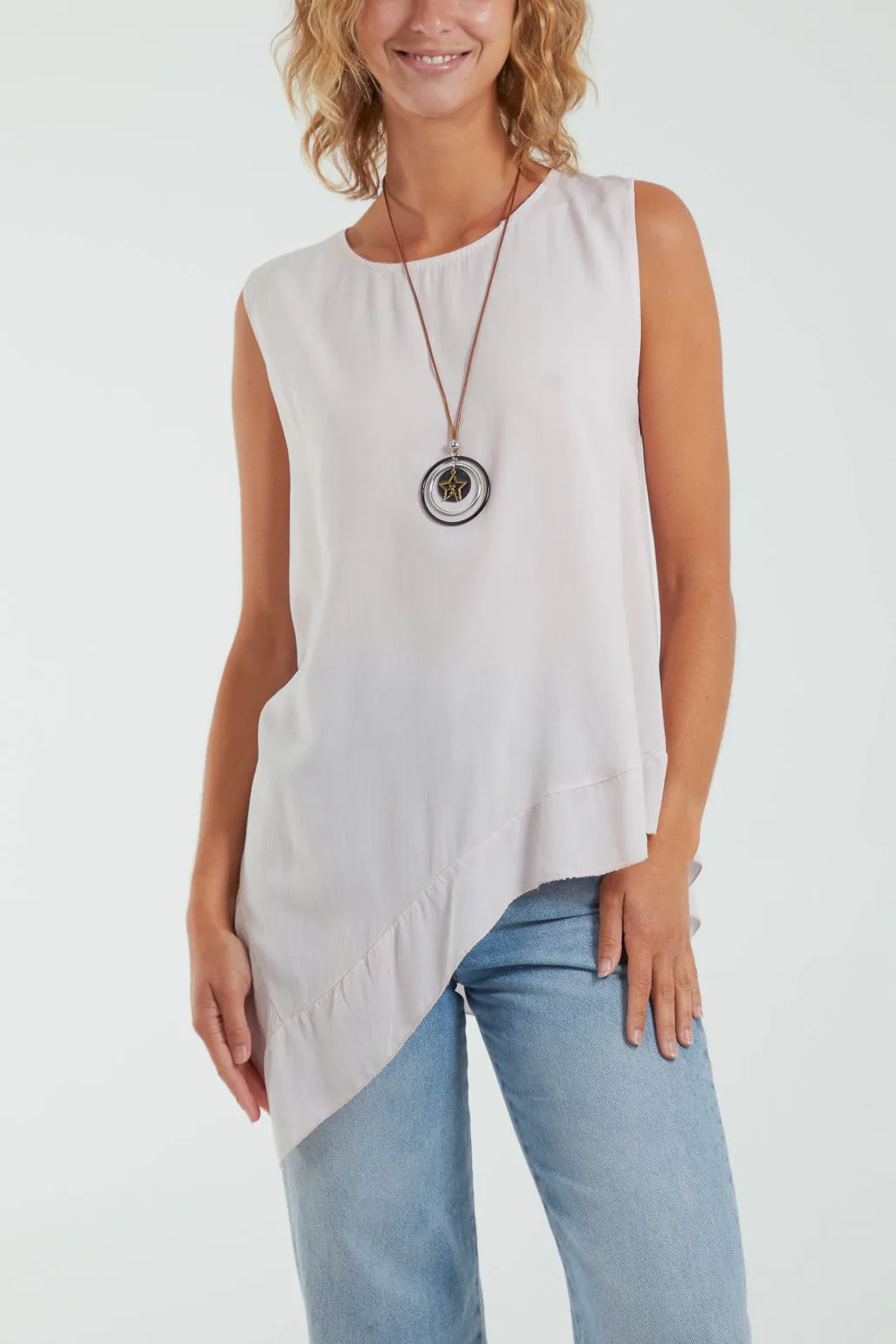 Sleeveless Asymmetric Frill Hem Necklace Top