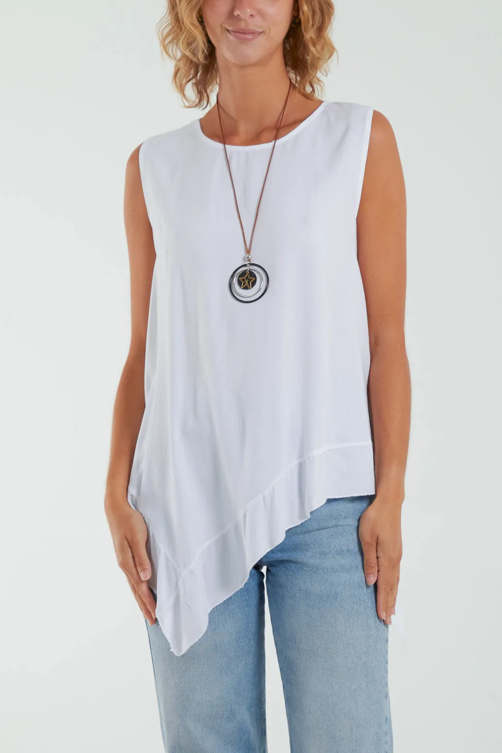 Sleeveless Asymmetric Frill Hem Necklace Top