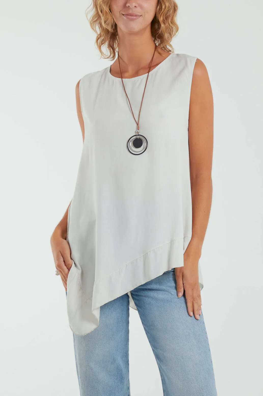 Sleeveless Asymmetric Frill Hem Necklace Top