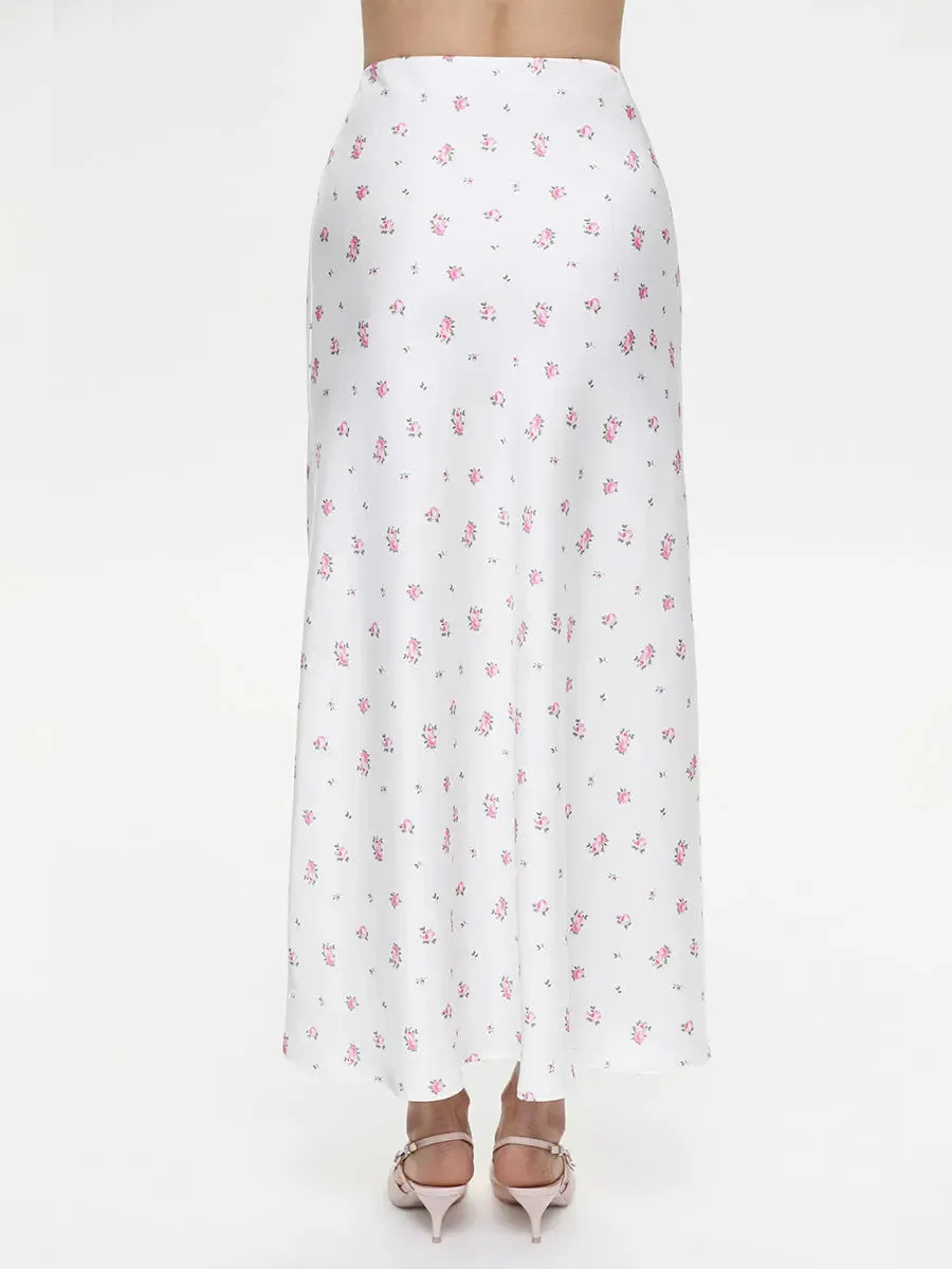 Soft Girl Floral Satin Midi Skirt