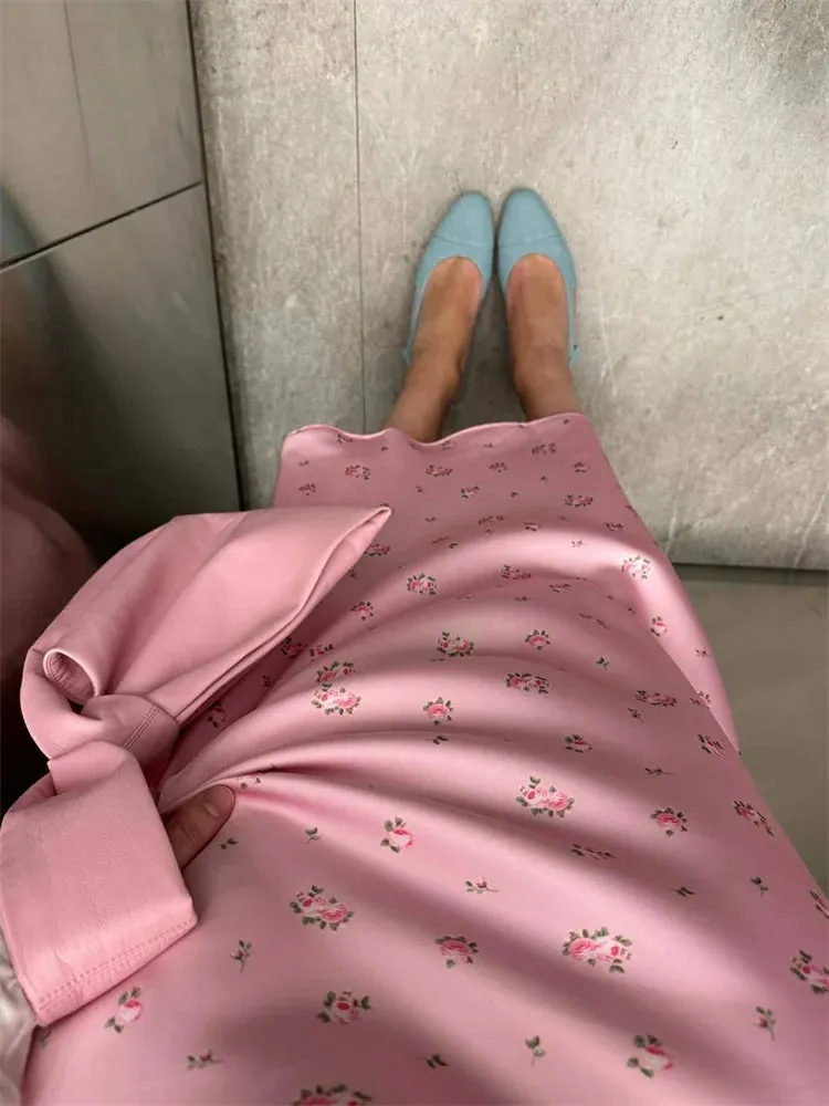 Soft Girl Floral Satin Midi Skirt