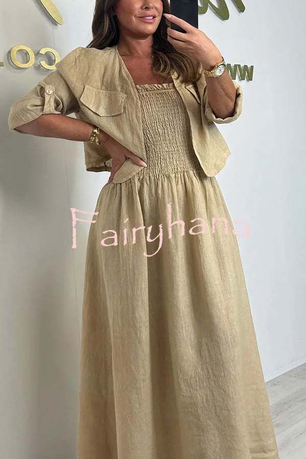 Solid Color Casual Short Jacket and Suspender Pleated Maxi Dress Set