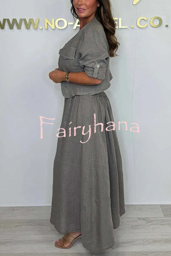 Solid Color Casual Short Jacket and Suspender Pleated Maxi Dress Set