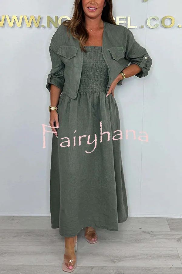 Solid Color Casual Short Jacket and Suspender Pleated Maxi Dress Set