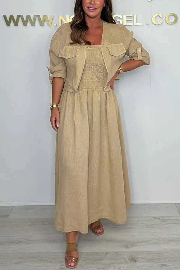 Solid Color Casual Short Jacket and Suspender Pleated Maxi Dress Set