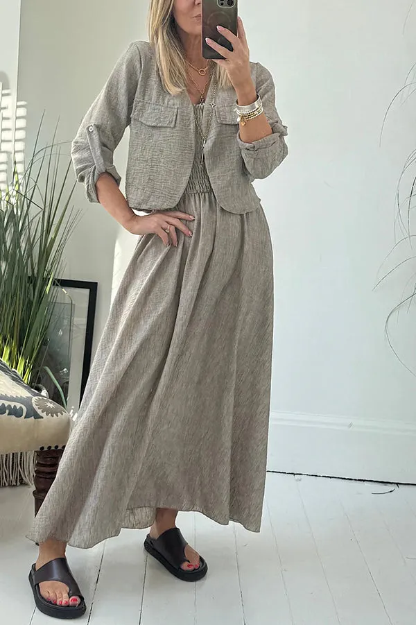 Solid Color Casual Short Jacket and Suspender Pleated Maxi Dress Set