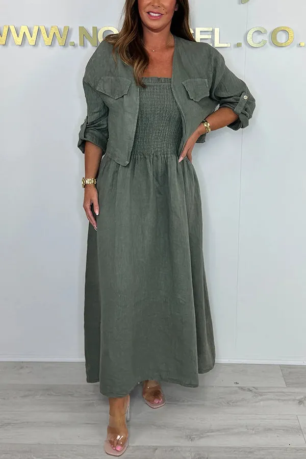 Solid Color Casual Short Jacket and Suspender Pleated Maxi Dress Set