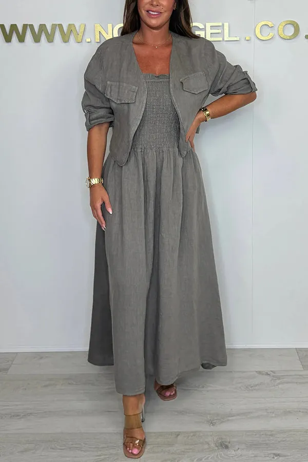 Solid Color Casual Short Jacket and Suspender Pleated Maxi Dress Set