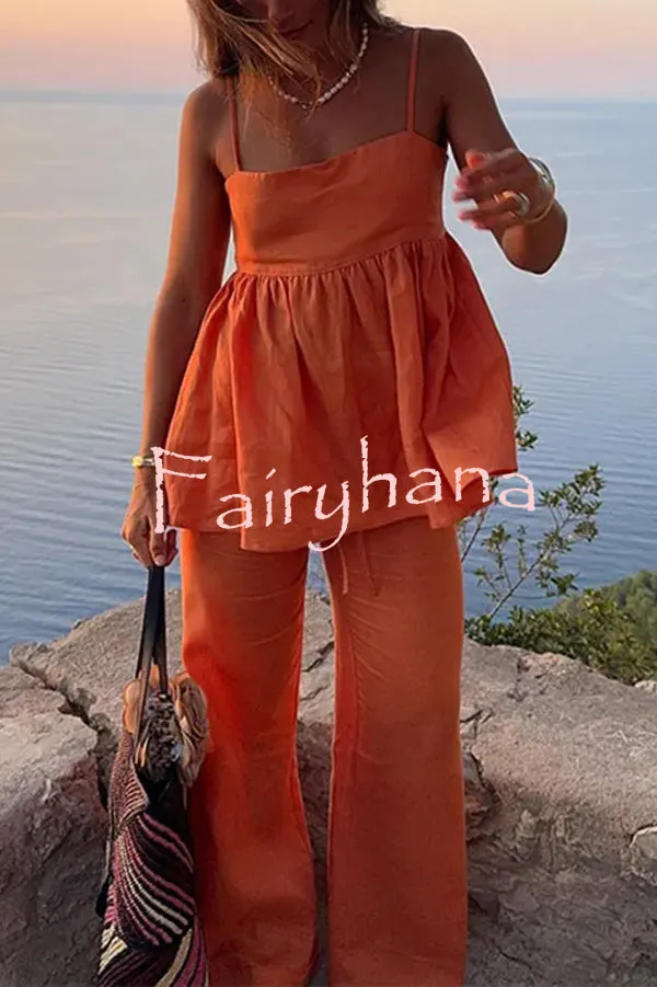 Solid Color Casual Suspender Loose Top and Elastic Waist Wide Leg Pants Set