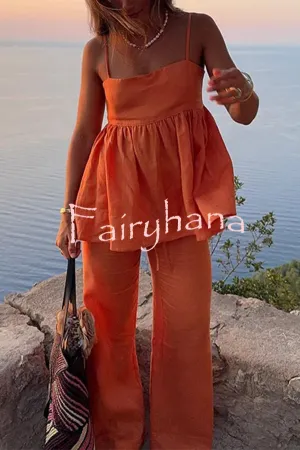 Solid Color Casual Suspender Loose Top and Elastic Waist Wide Leg Pants Set