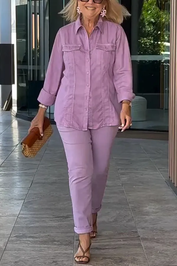 Solid Color Lapel Long-sleeved Loose Top and Casual Pocket Pants Set