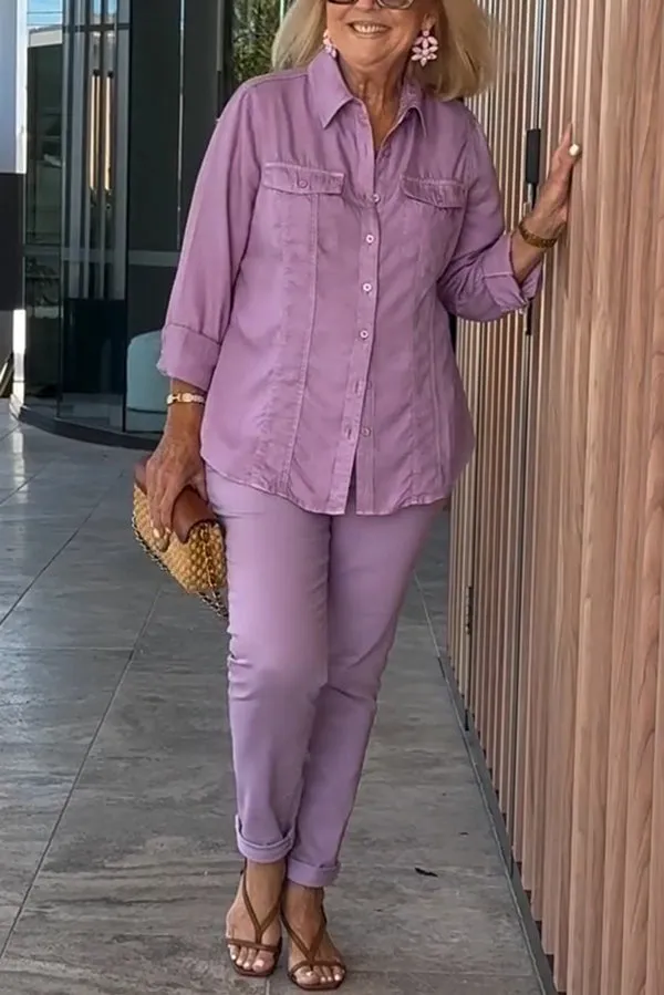Solid Color Lapel Long-sleeved Loose Top and Casual Pocket Pants Set