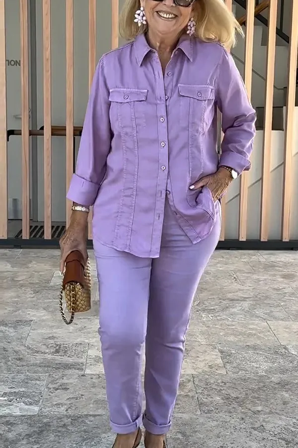 Solid Color Lapel Long-sleeved Loose Top and Casual Pocket Pants Set