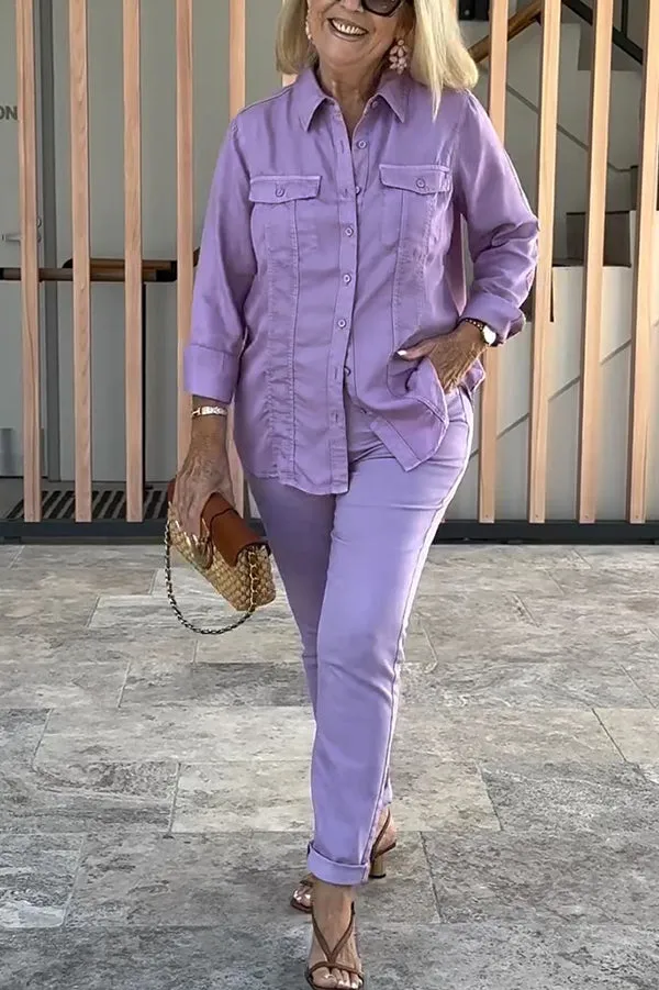 Solid Color Lapel Long-sleeved Loose Top and Casual Pocket Pants Set