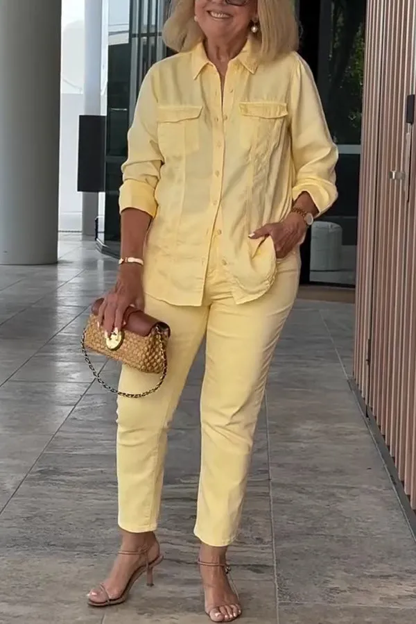 Solid Color Lapel Long-sleeved Loose Top and Casual Pocket Pants Set