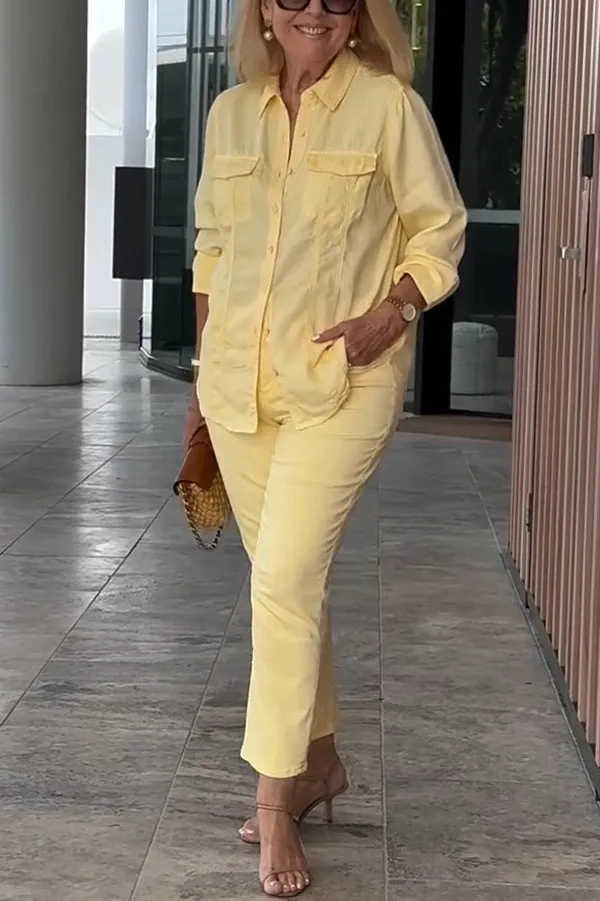Solid Color Lapel Long-sleeved Loose Top and Casual Pocket Pants Set