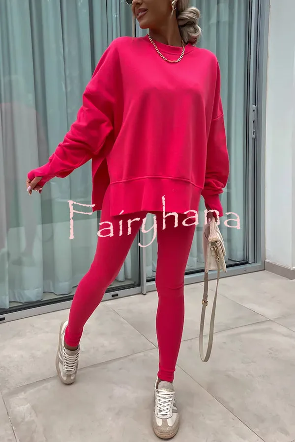 Solid Color Loose Long Sleeve SlitSweatshirt and Elastic Waist Tight Pants Set