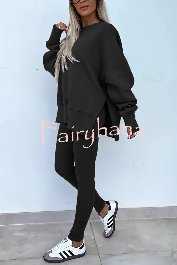 Solid Color Loose Long Sleeve SlitSweatshirt and Elastic Waist Tight Pants Set