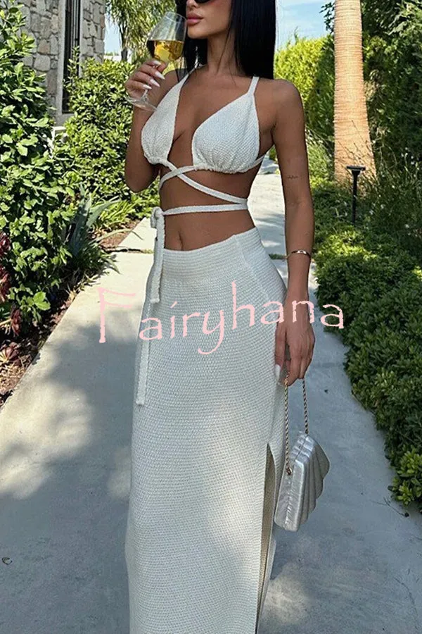 Solid Color Sexy Lace-up Swimsuit and Knitted Elastic Slit Beach Maxi Skirt Set