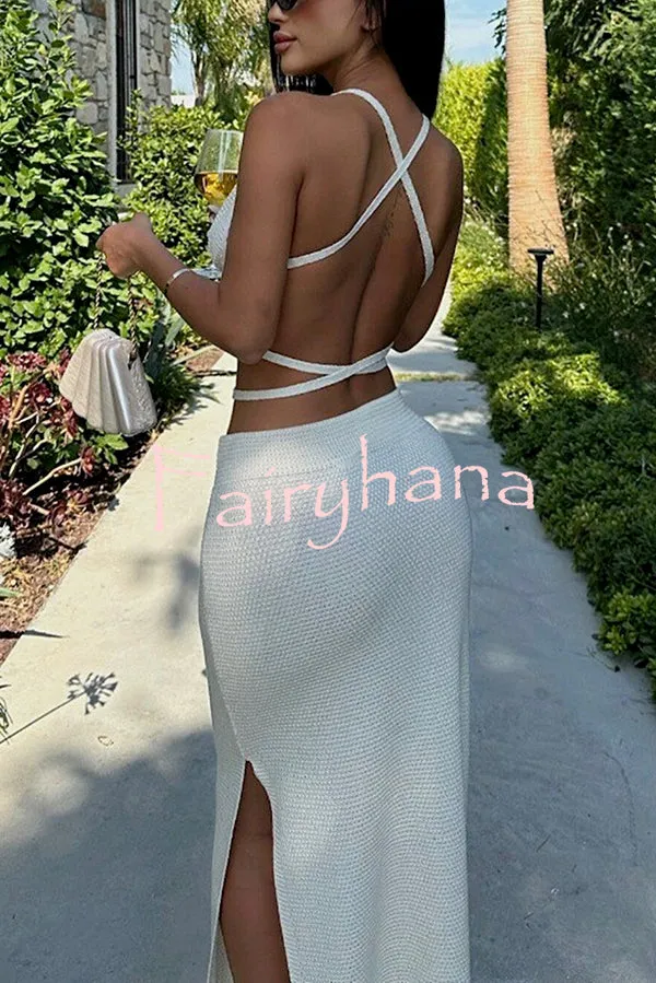 Solid Color Sexy Lace-up Swimsuit and Knitted Elastic Slit Beach Maxi Skirt Set