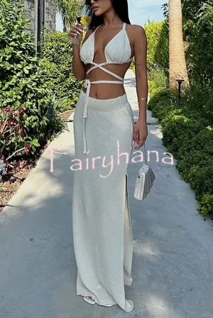 Solid Color Sexy Lace-up Swimsuit and Knitted Elastic Slit Beach Maxi Skirt Set