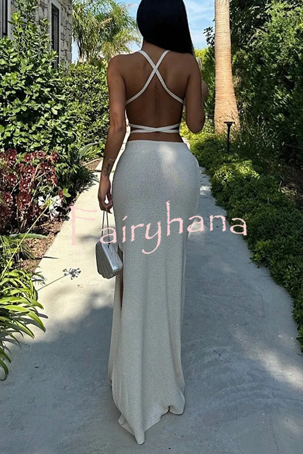 Solid Color Sexy Lace-up Swimsuit and Knitted Elastic Slit Beach Maxi Skirt Set
