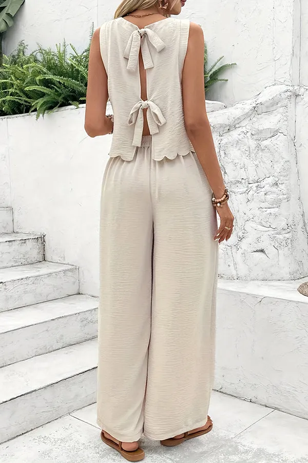Solid Color Sleeveless Back Tie Vest and Elastic Waist Pocket Straight Pants Set