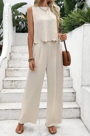 Solid Color Sleeveless Back Tie Vest and Elastic Waist Pocket Straight Pants Set