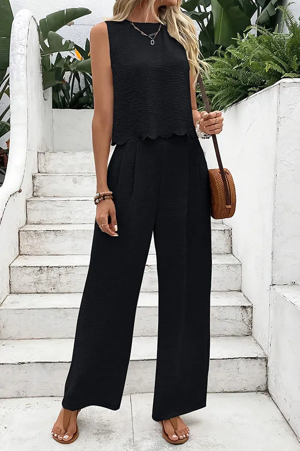 Solid Color Sleeveless Back Tie Vest and Elastic Waist Pocket Straight Pants Set