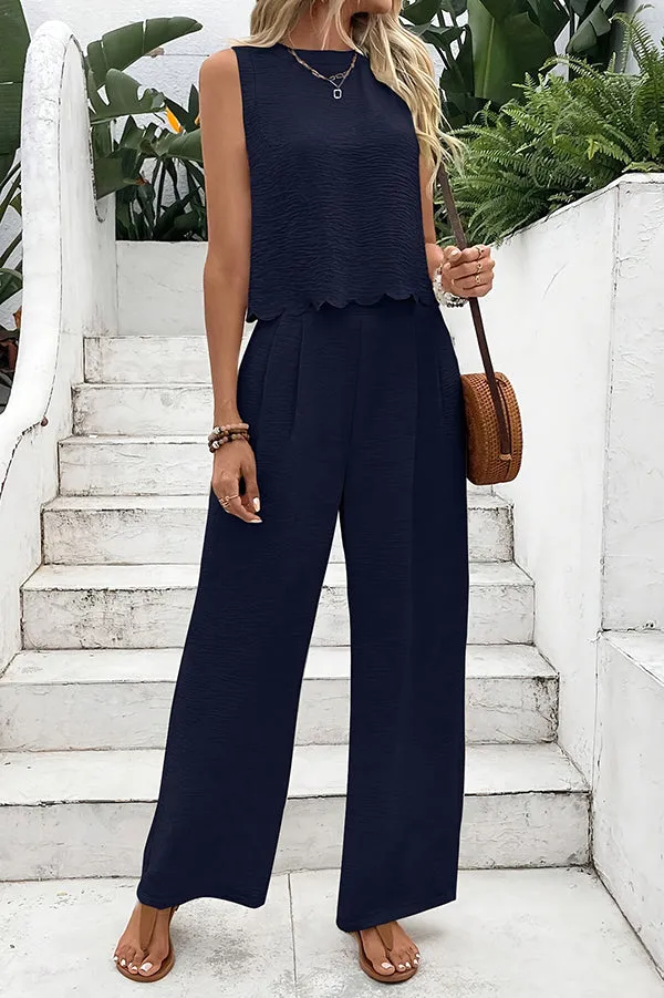 Solid Color Sleeveless Back Tie Vest and Elastic Waist Pocket Straight Pants Set