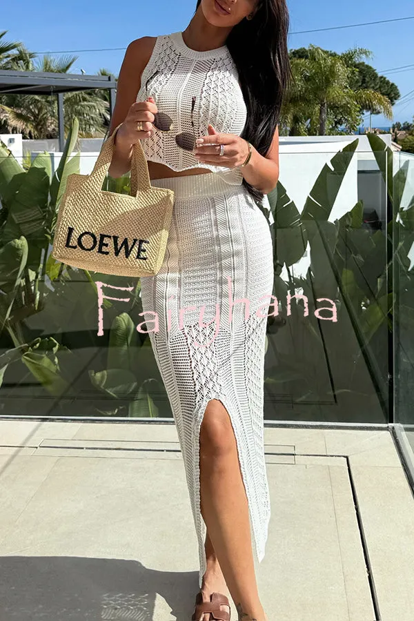 Solid Color Sleeveless Hollow Knit Crop Top and Elastic Slit Slim Midi Skirt Set