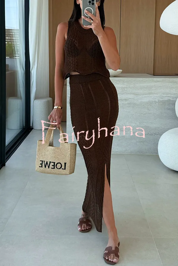 Solid Color Sleeveless Hollow Knit Crop Top and Elastic Slit Slim Midi Skirt Set